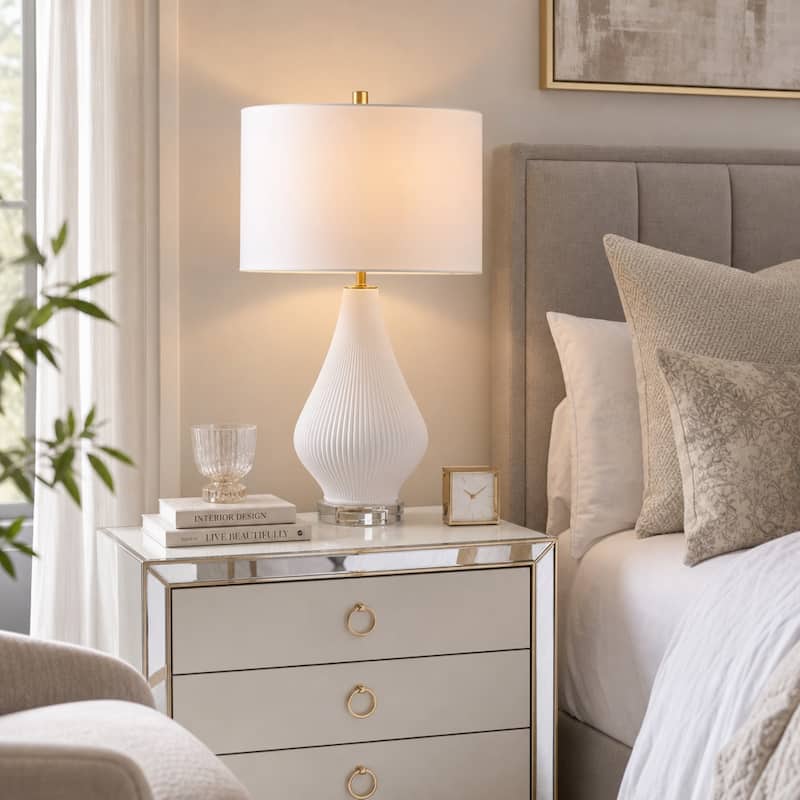 Modern Porcelain Teardrop Table Lamp with Textured Linen Shade - 24" - 24.0"