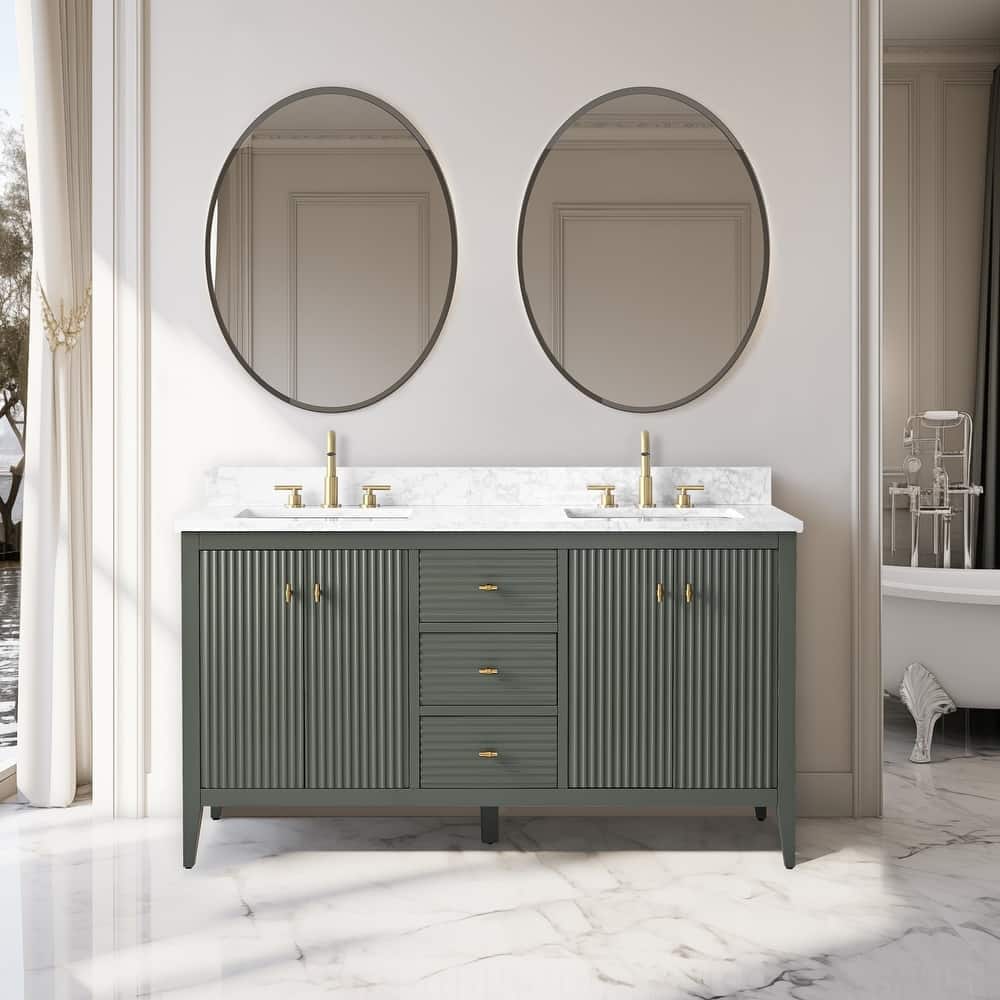 Vanity Art 60" Double Sink Bathroom Vanity Cabinet with Engineered Marble Top