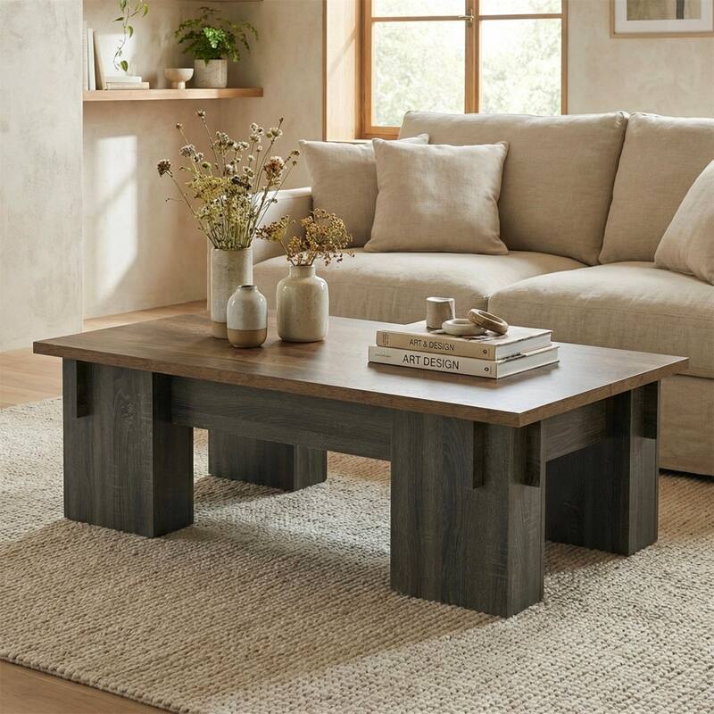 Rectangle Coffee Table, 55'' Farmhouse Center Cocktail Table with Thick Legs