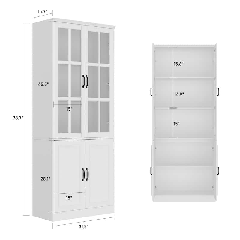 78.7"H Combo Buffet Sideboard White Curio Bookcase Cabinet Glass Door