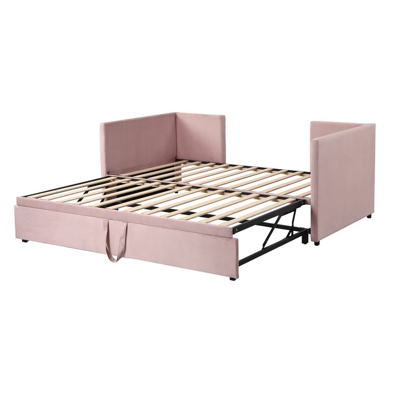 Pink Twin Upholstered Daybed with Pop-Up Trundle, Convertible to King Size