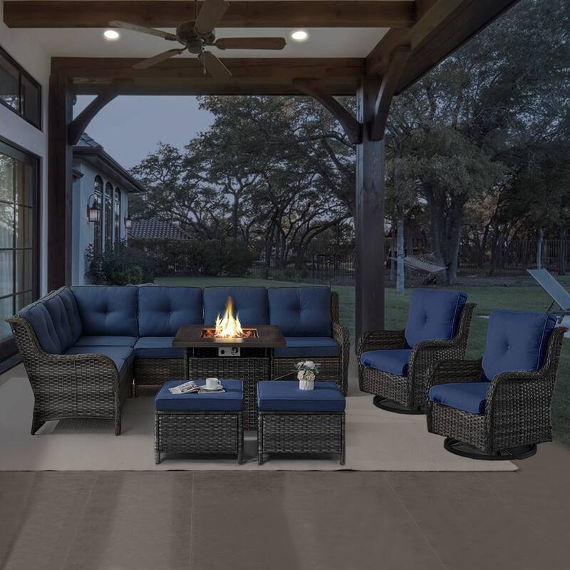 Gymojoy 6-Piece Outdoor Wicker Patio Furniture with Fire Pit and L-shaped Sectional Sofa, Coversation Set with Thick Cushions