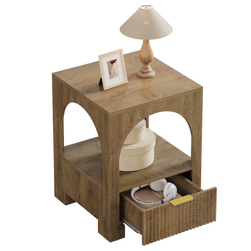 Wood Nightstand with Drawer & Open Shelf, 2-Tier Side Table, End Table, Bedside Table for Bedroom, Living Room