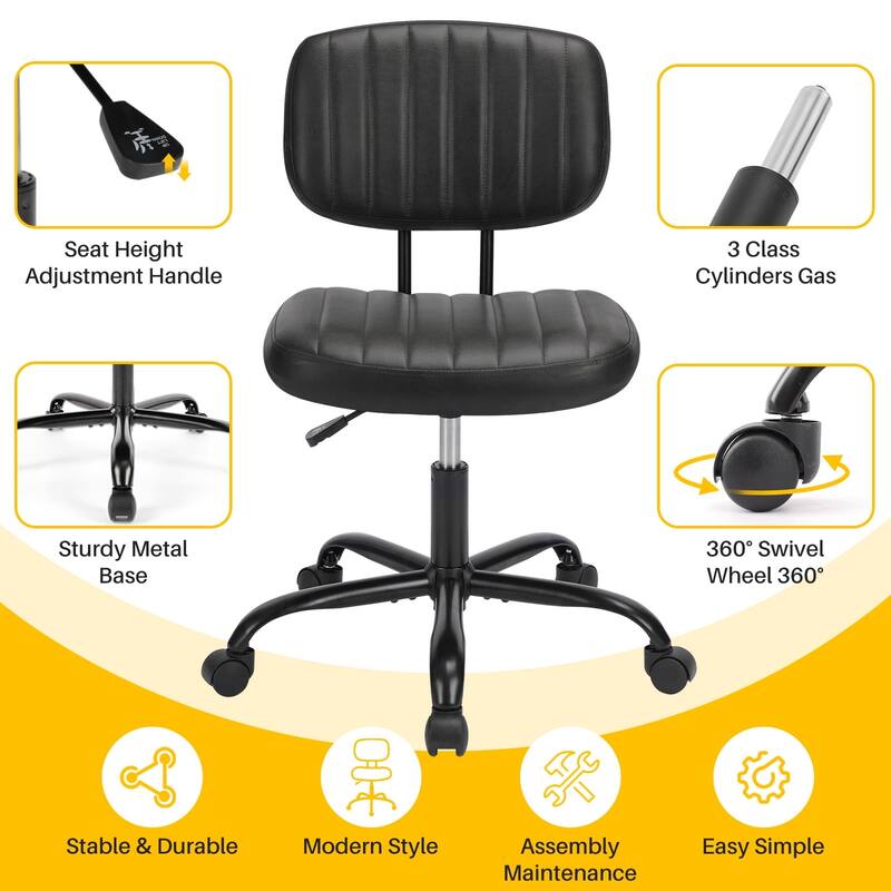 Small Armless Office Desk Chair with Wheels and Low Back Lumbar Support, Comfy Cute PU Leather Vanity Rolling Swivel Task Chair