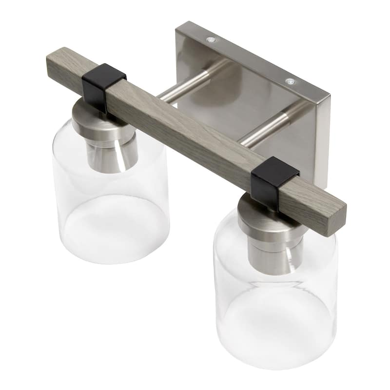 Two Light Vanity Light - Metal & Glass Shade Wall Sconce - Nickel & Black Finish - Bathroom, Hallway Decor - 6.5