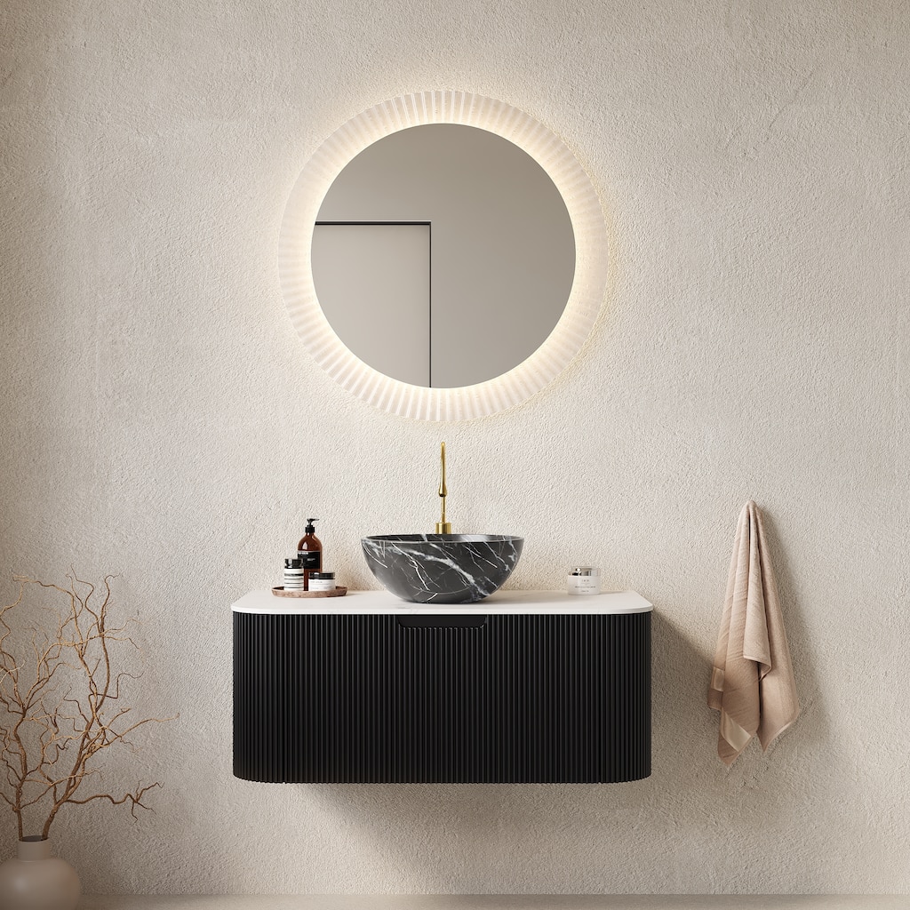 36" Bathroom Vanity with Sink,Wall-Mounted Curved Edges Striped Bathroom Storage Cabinet with Drawer,Bowl Ceramic Basin