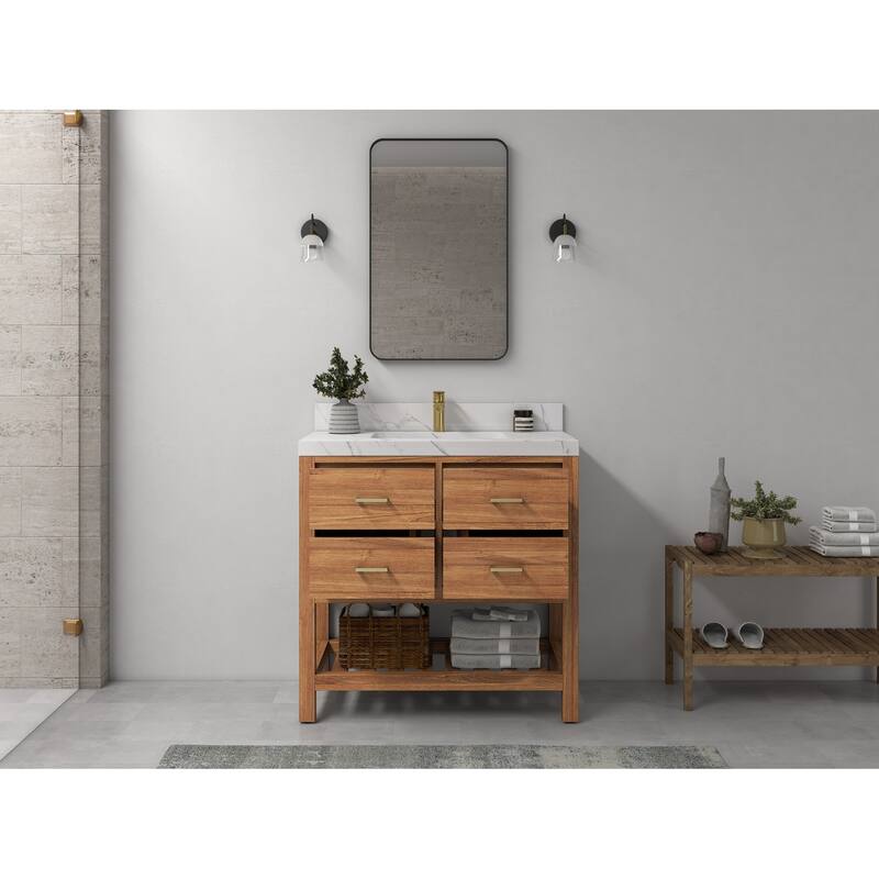 Willow Collections 36 in. W x 22 in. D Parker Solid Teak Wood Single Sink Bathroom Vanity with Quartz or Marble Countertop