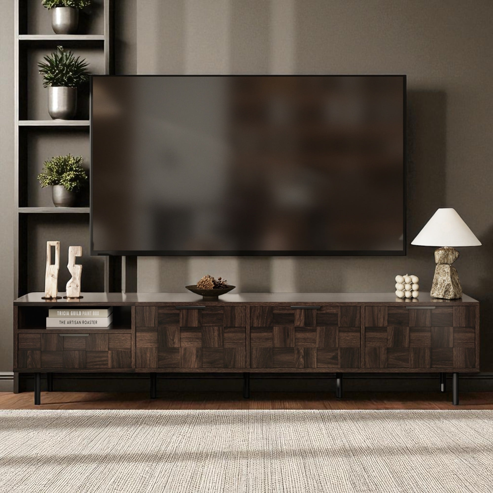 78.7" Mid Century Modern TV Stand for TVs up to 85", Entertainment Console with Cabinets, Drawer & Open Shelf, Walnut