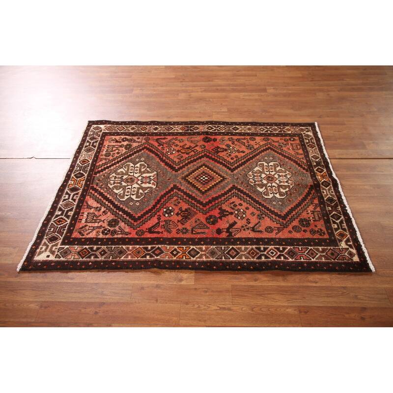 Tribal Geometric Hamedan Persian Vintage Area Rug Handmade Wool Carpet - 3'8"x 4'10"
