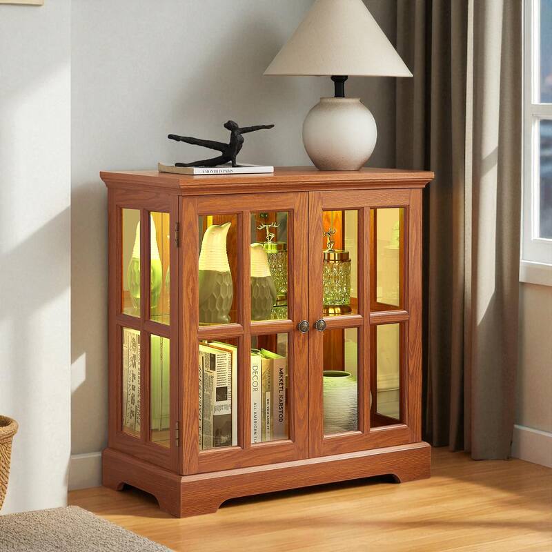 LED Lighted Curio Display Cabinet with Adjustable Shelves, Retro Glass Showcase and Lattice Doors