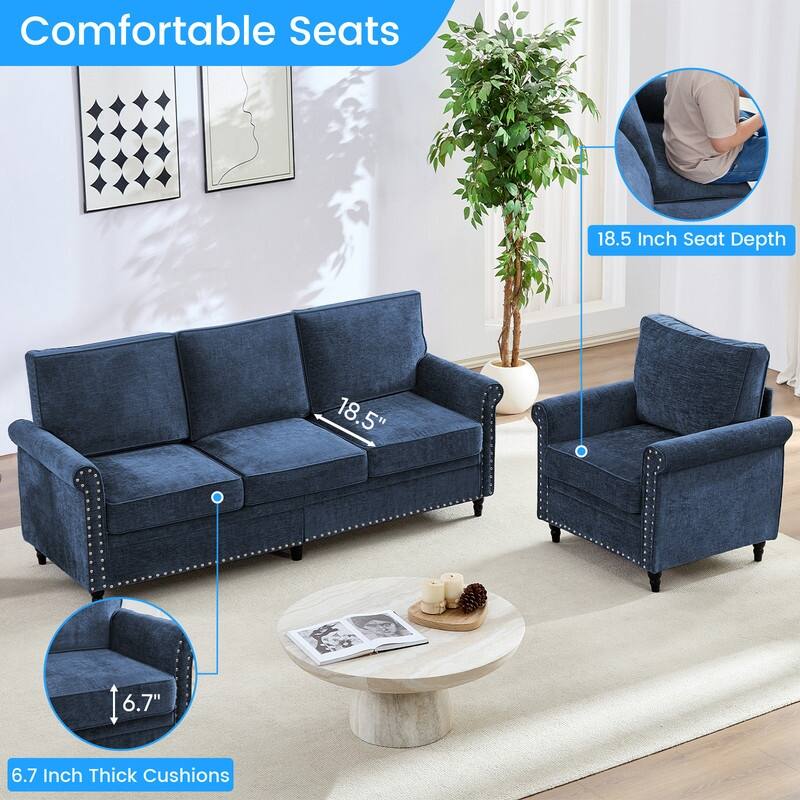 Mixoy Chenille Fabric 3-Seater Sofa Couch with Single Sofa Chair with Rivet Design,Solid Wood Gourd Legs for Living Room - 3+1