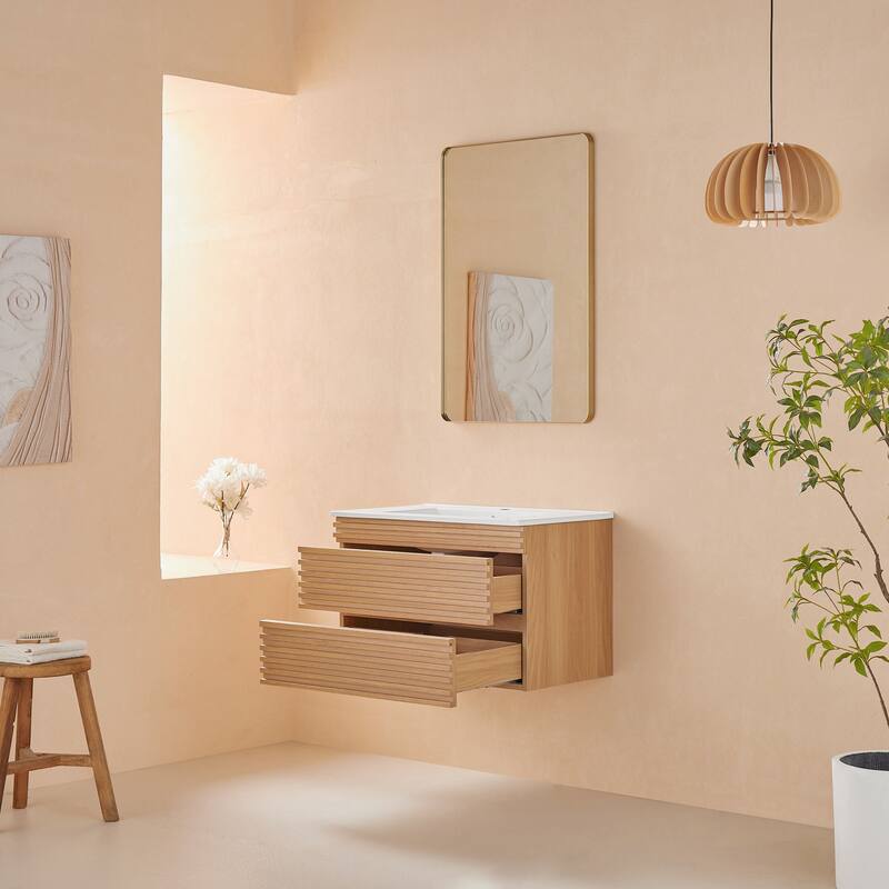 Modland 30" Wall Mount Bathroom Vanity with Ceramic Sink - 2 Soft-Close Drawers, Silk Mist Oak - 30 inch