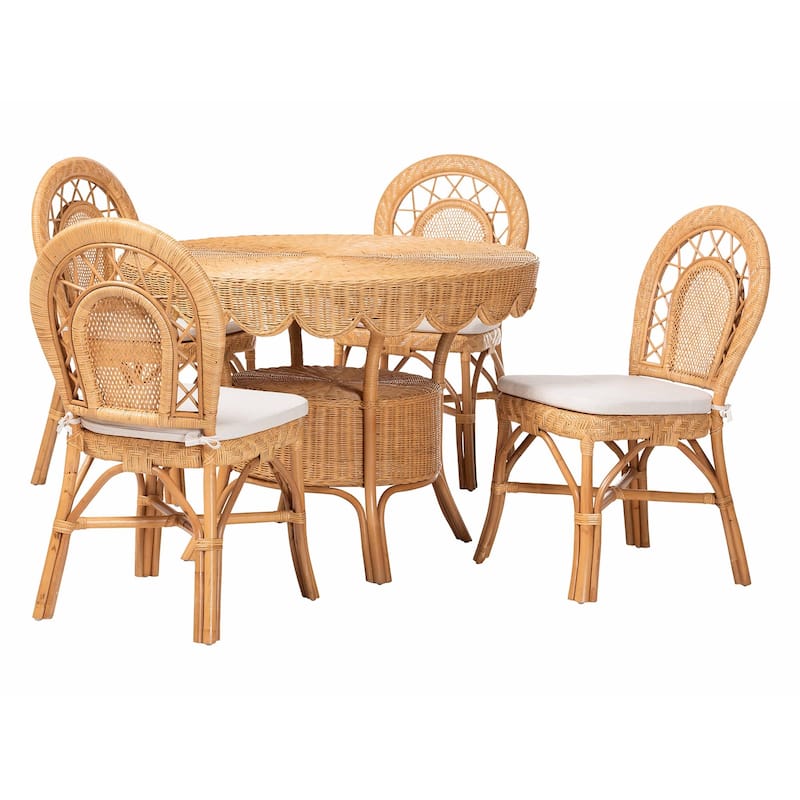 Travis 5-Piece Natural Rattan Dining Set - Handwoven Wicker Set with Round Scalloped Edge Table and 4 Curved Back Chairs - Light Honey