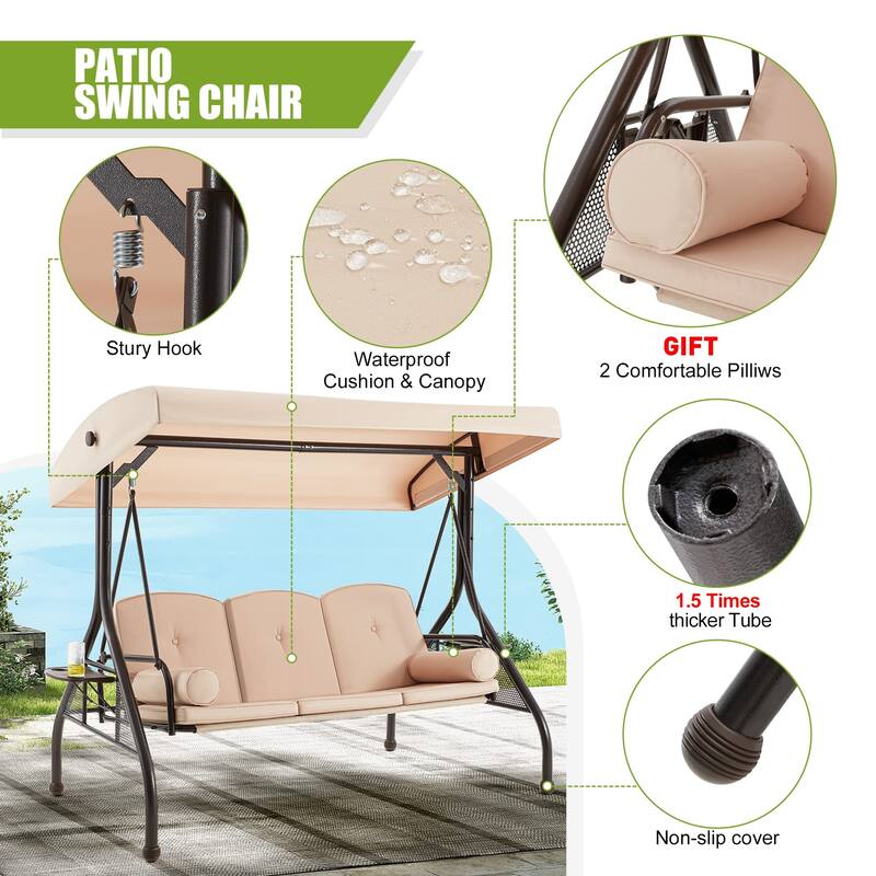 3-Seat Outdoor Porch Swing with Adjustable Canopy & Stand, Convertible Bed, All-Weather, Thickened Cushions & Cup Holders