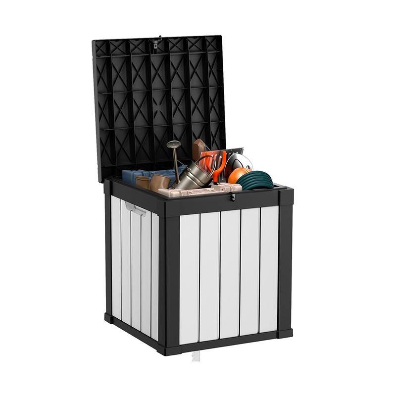 50GAL Deck Box with Lockable Lid -Weatherproof Rattan-Grain Resin Storage, Easy Assembly - WHITE ANDBLACK