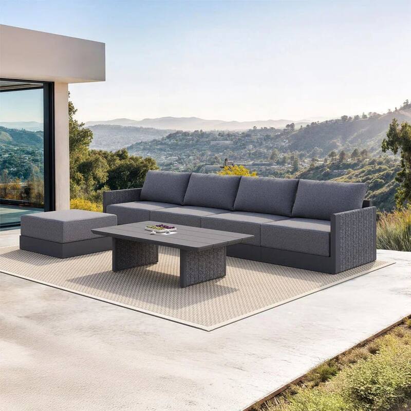 PURPLE LEAF Sanori Sectional Sofa Patio Conversation Set with Grey Ottoman and Cushion for Poolside Graden Couch - Symmetrical - 5-Piece+1-Table