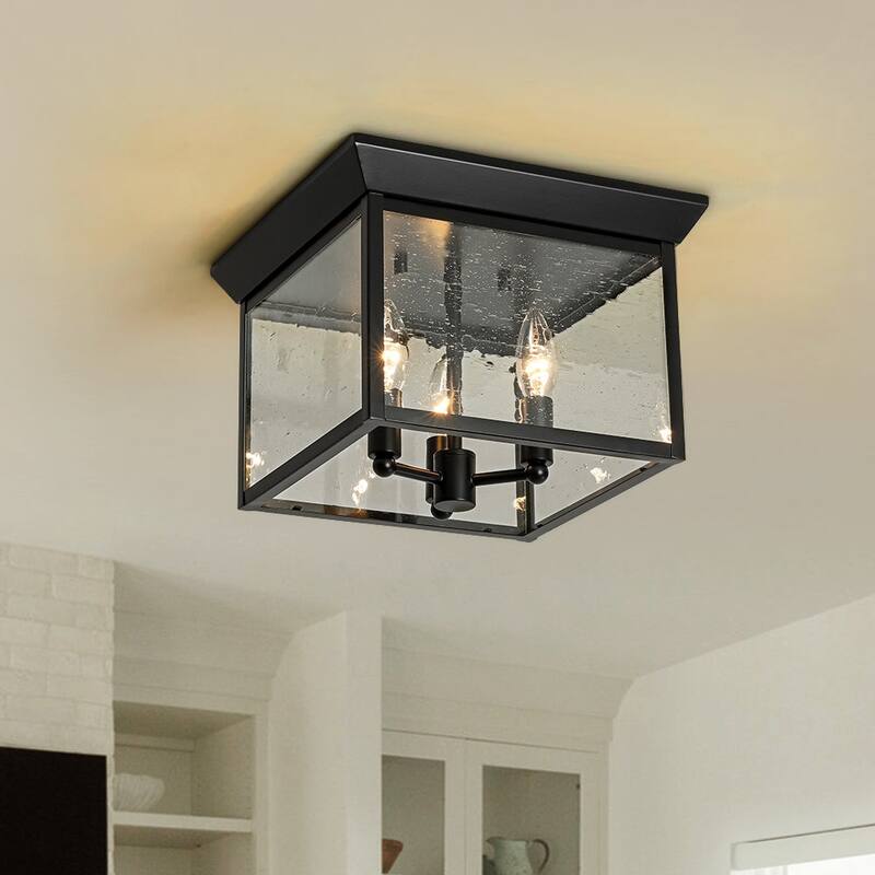 Industrial 3-Light Square Seeded Glass Cage Flush Mount Light 9.8in