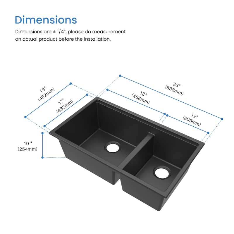 33" Undermount Workstation Double Bowl Quartz Kitchen Sink