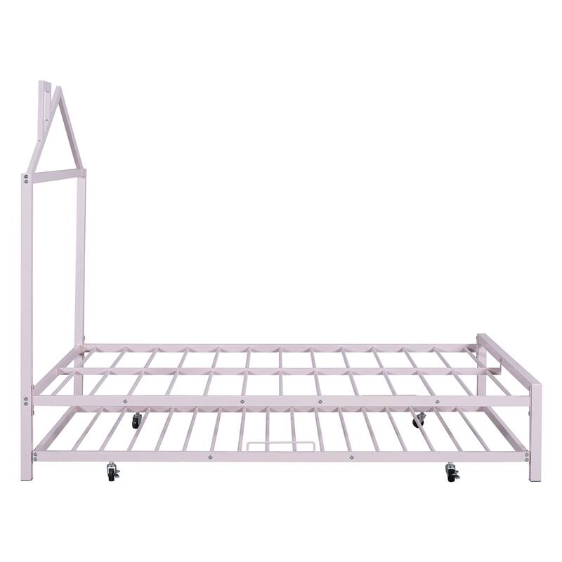 Full Size House Shaped Metal Platform Bed with Trundle