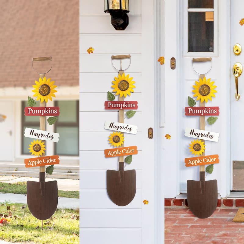 Glitzhome Fall Wood & Metal Shovel with Sunflower Yard Stake Standing Hanging Decor for Thanksgiving