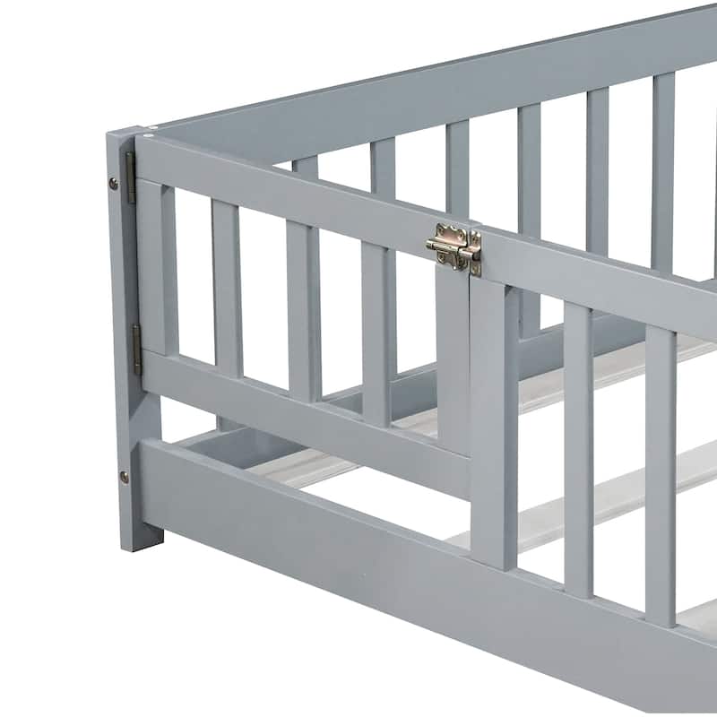 Full Size Floor Bed with Fence and Door,Rubber Wood Floor Bed with Safety Guardrails