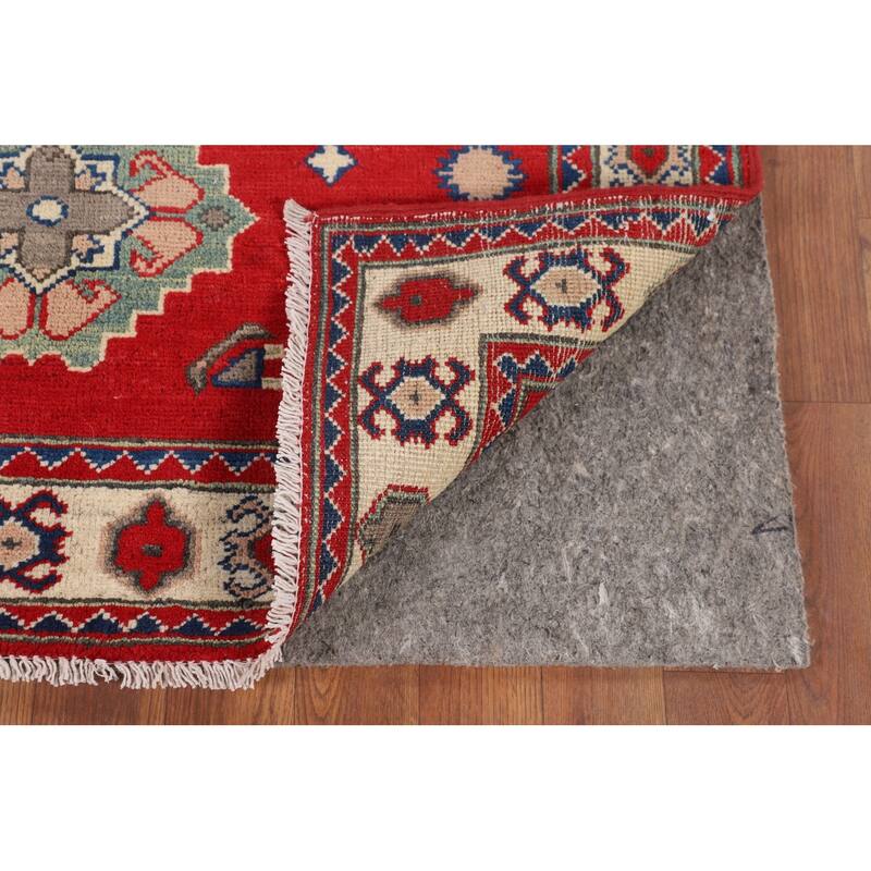 Red Kazak Accent Rug Handmade Geometric Wool Carpet - 3'2" x 4'11"