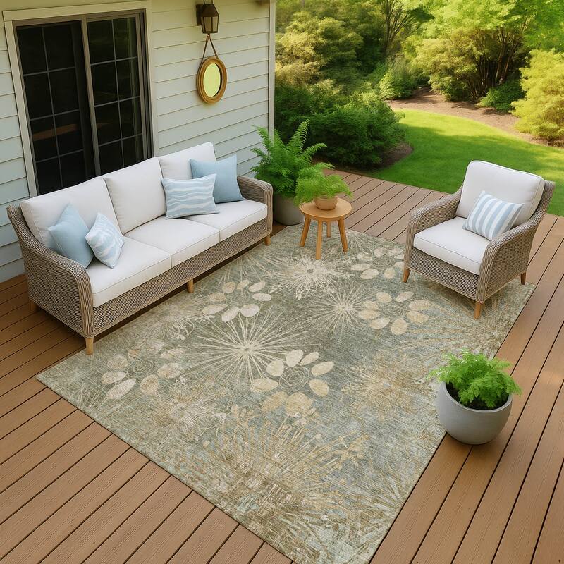 Machine Washable Indoor/ Outdoor Floral Geo Chantille Rug - Sage - 9' x 12'