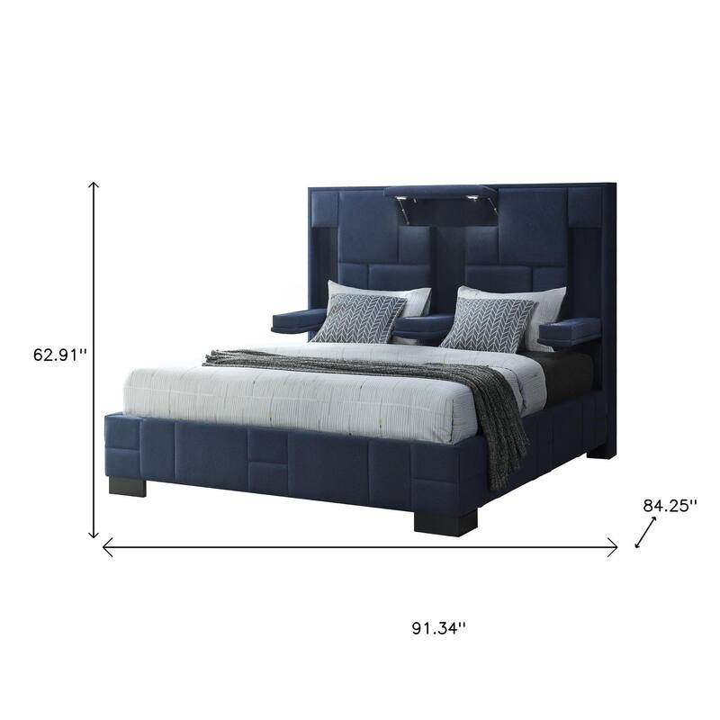 HomeRoots Navy Blue Tufted Upholstered Lighted King Bed Frame