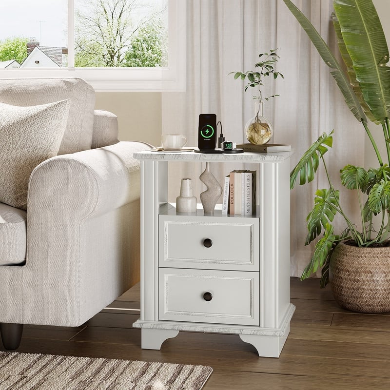 White MDF 2-Drawer Nightstand with Outlet, Black Brushed Handles, 19.7x13.8x25.8in - 1pc