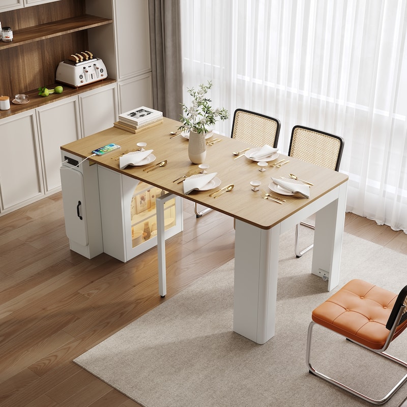 Extendable Dining Table with 3 Removable Middle Leaves,Mobile Rolling Table with Power Outlet,Saving-space Cabinet with Storage