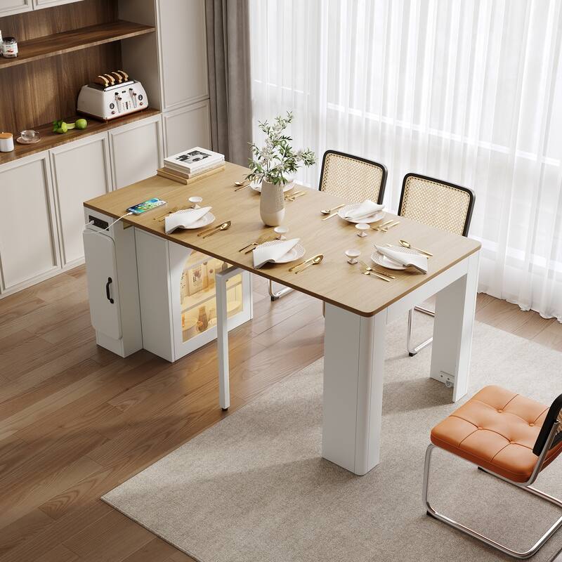 Roomfitters Extendable Dining Table, Mobile Kitchen Island, Rolling Storage Cabinet with Power Outlet