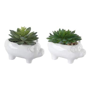 Set of 2 Artificial Plant in CERAMIC PIG Pot - ONE-SIZE