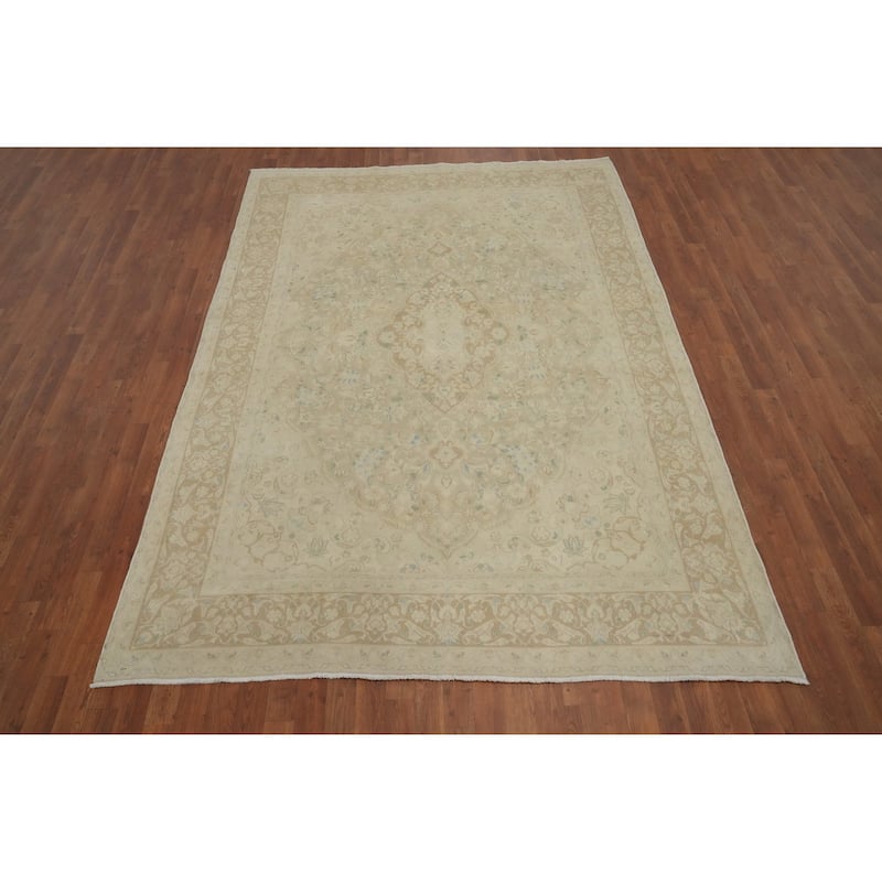 Hand Knotted Oriental 100% Wool Carpet Traditional Floral Beige & Ivories Kerman Area Rug - 9' 7'' X 6' 7''