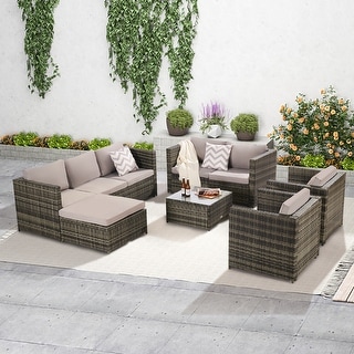 6 Pieces Outdoor Sectional Sofa with Coffee table, Brown Wicker and Beige Cushion