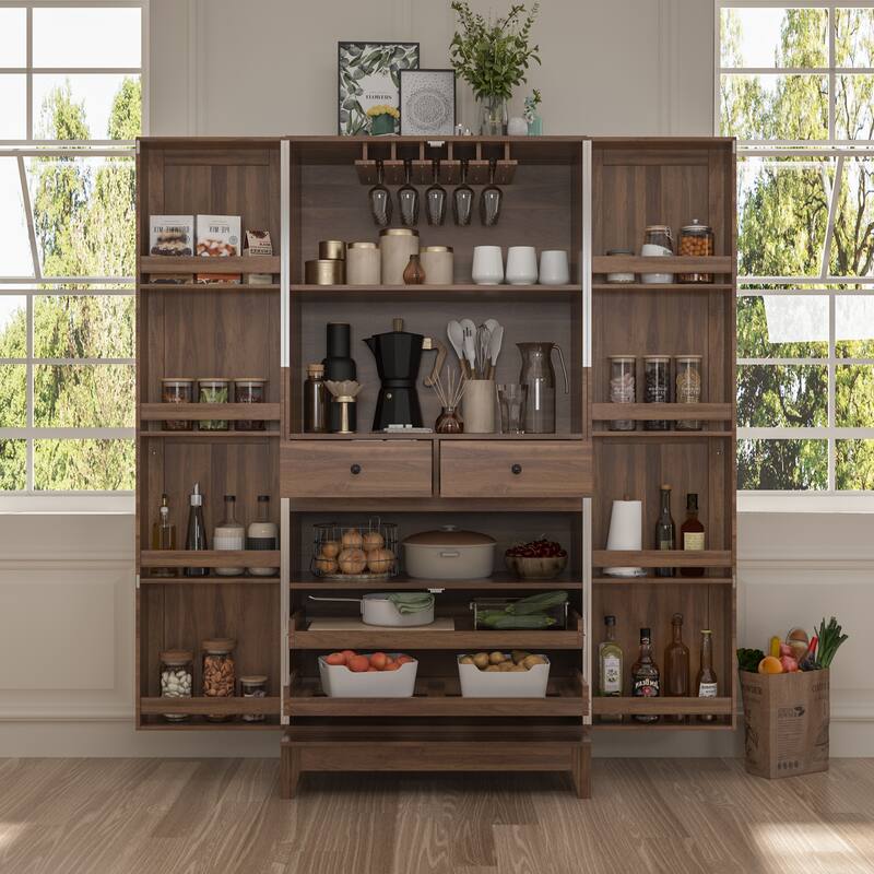 White Light Wood Grain Kitchen Cabinet with Red Wine Drawers Pantry