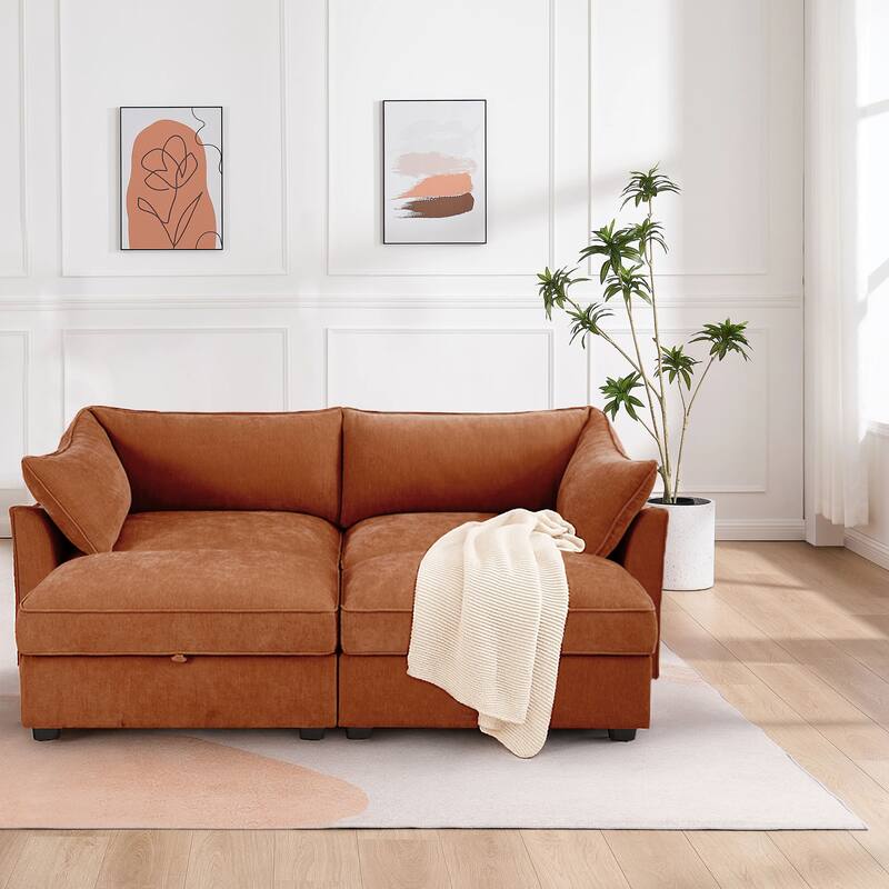 Chenille Fabric Upholstered Sectional Sofa with Under-Seat Drawers and Storage Ottoman - Orange—2 Seater with 2 Ottoman