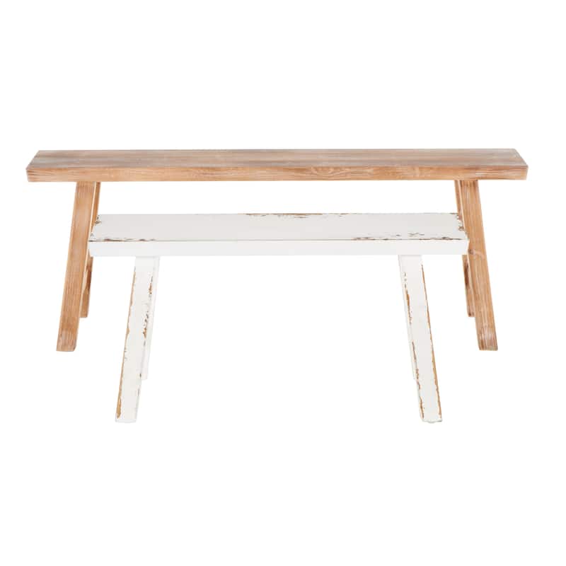 Wood Slim Distressed Home Bench with Smaller White Bench - Set of 2 Brown - Roche River Decor