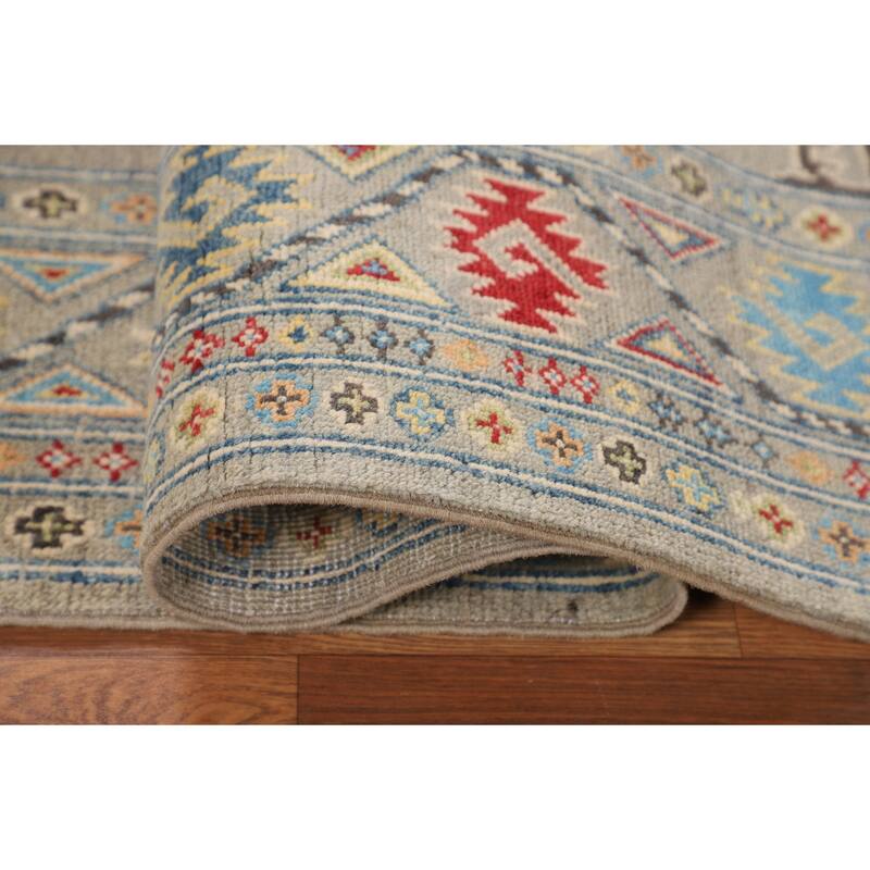 Geometric Grey Kazak Oriental Area Rug Handmade Wool Carpet - 4'10" x 6'11"
