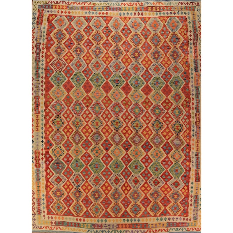 Tribal / Geometric Kilim Oriental Area Rug Hand-Woven Wool Carpet - 10'5"x 13'2"