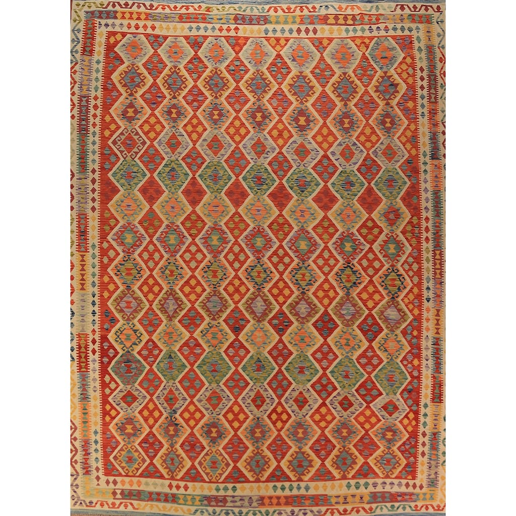Tribal / Geometric Kilim Oriental Area Rug Hand-Woven Wool Carpet - 10'5"x 13'2"
