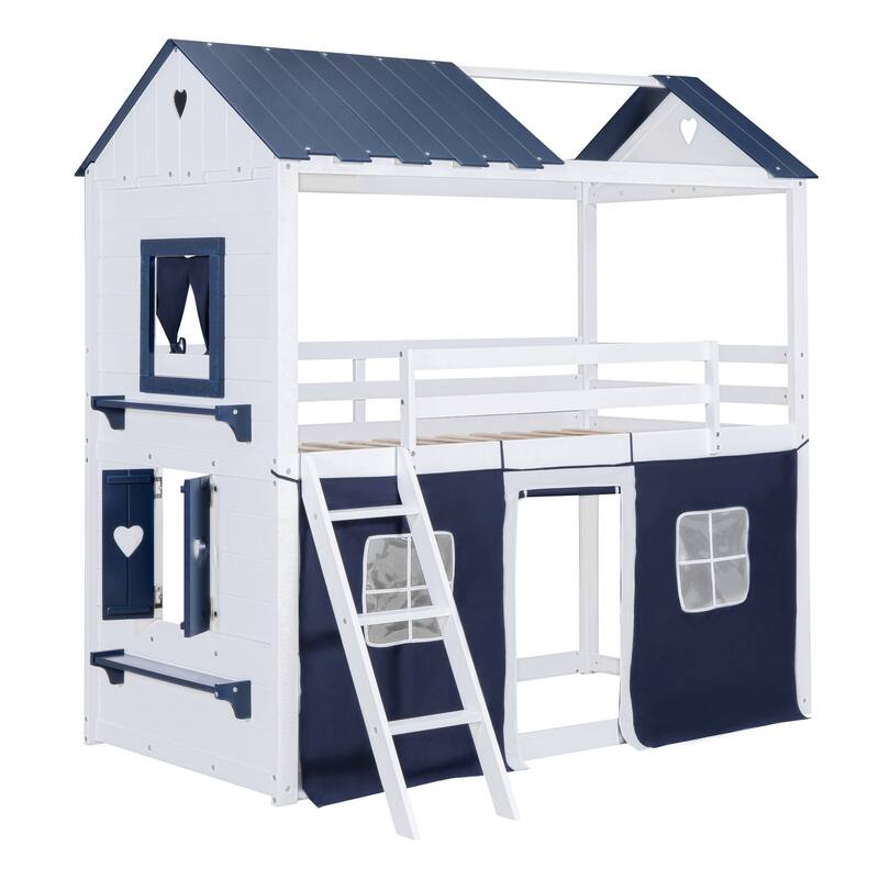 Twin Size Wood Castle House Bunk Bed with Windows, Sills, Tent, and Slide, Playhouse Design