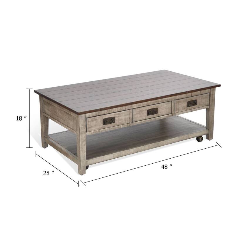 Camie Coffee Table, 48 Inch Top, 3 Drawers, Gray Solid Mahogany