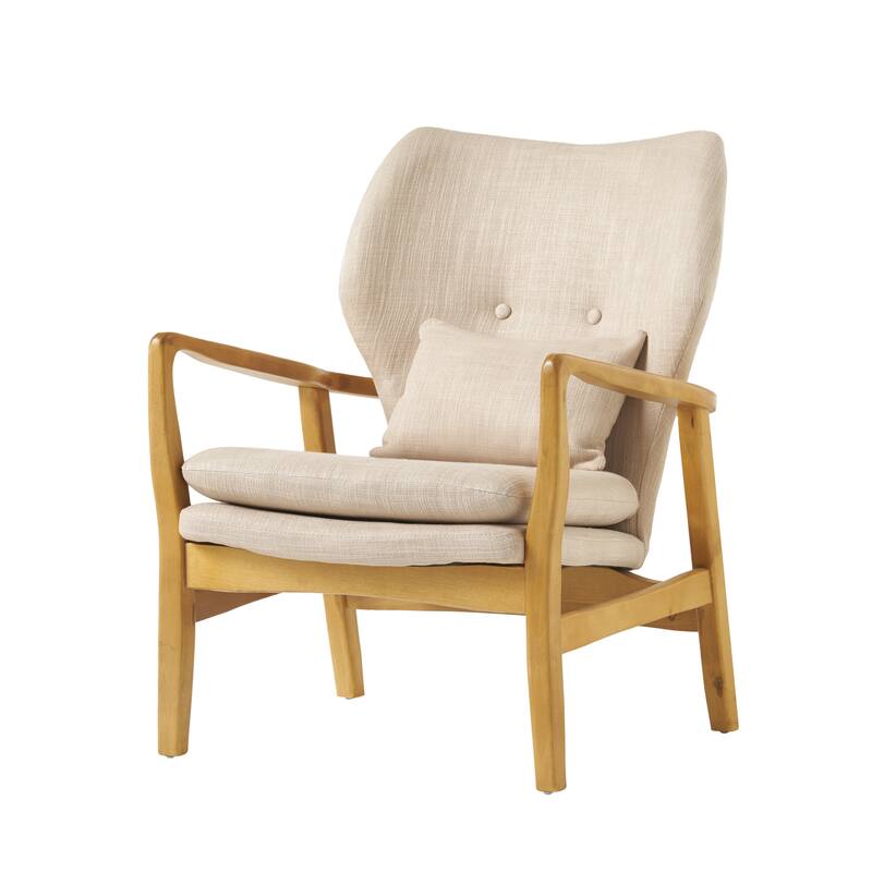 Roomfitters Mid-Century Modern Upholstered Club Chair with Button-Tufted Back and Birch Wood Legs, Beige
