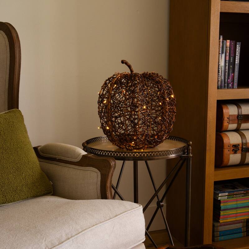 12-in Pre-Lit Autumn Rattan Fall Pumpkin with 40 LED Lights