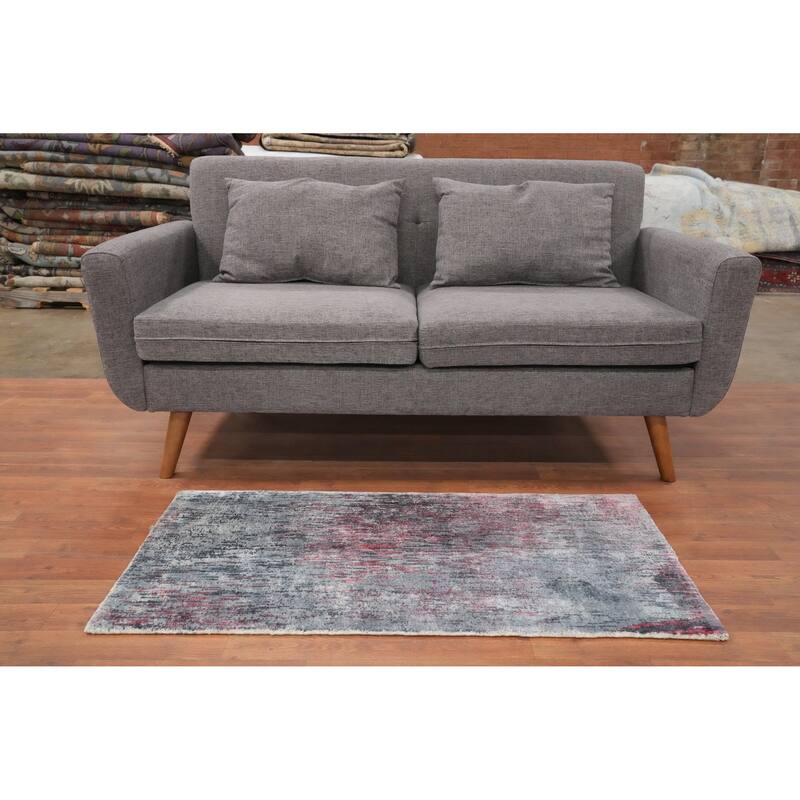 Hand Knotted Oriental Viscose Silk Carpet Modern All-Over Greys & Charcoal Abstract Area Rug - 4' 0'' X 2' 0''