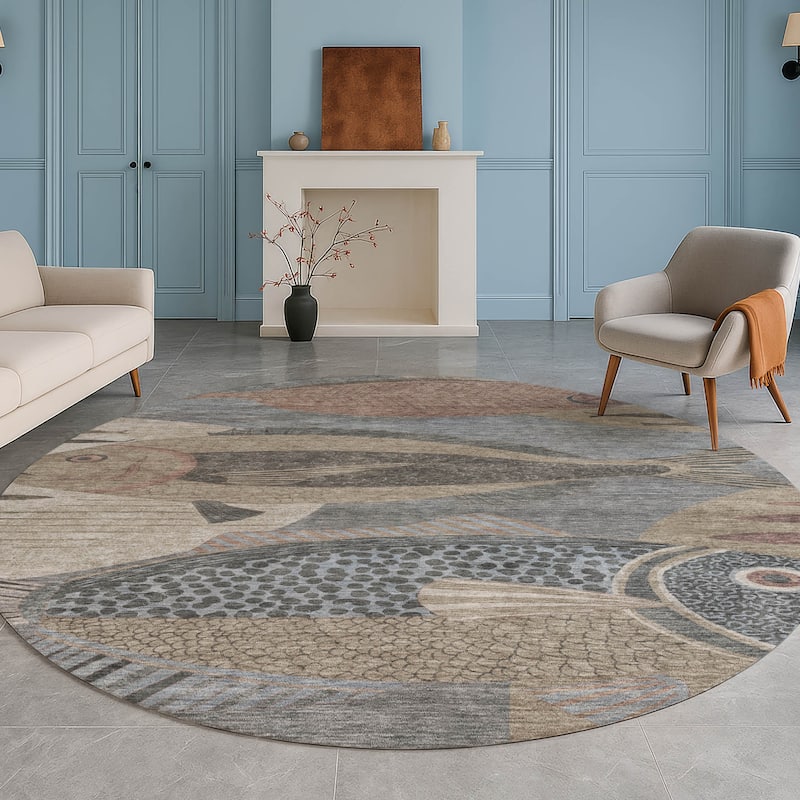 Machine Washable Indoor/ Outdoor Modern Fish Chantille Rug