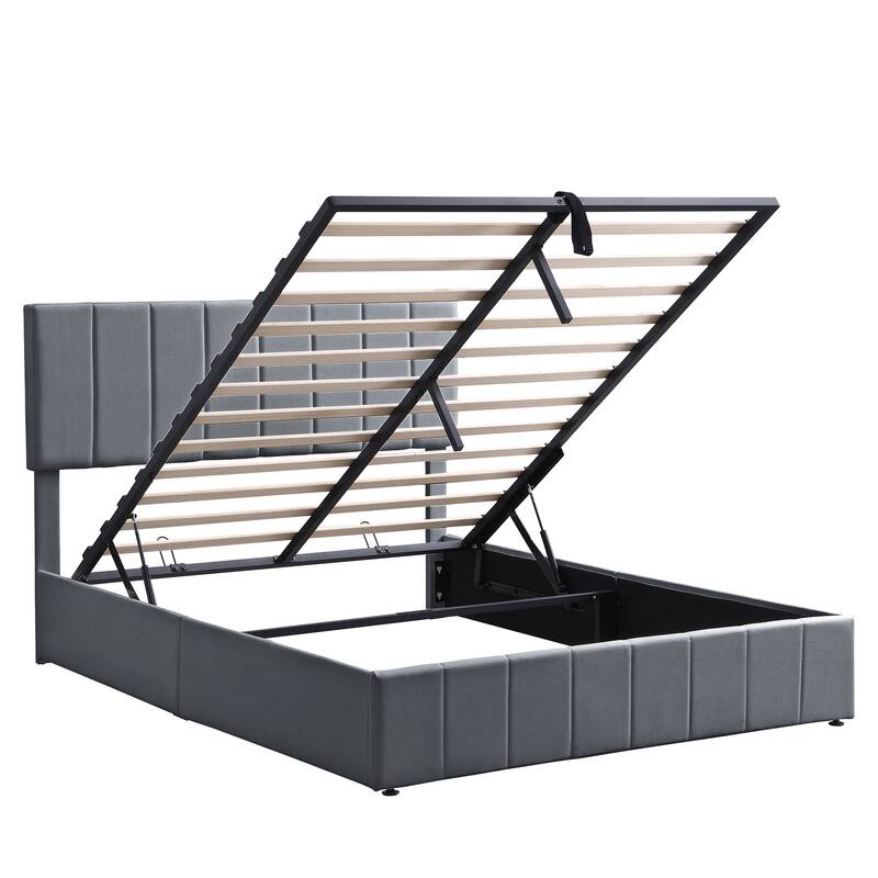 Linen Upholstered Bed Low Profile Platform Bed Storage Bedframe with Hydraulic Storage System, Headboard and Slats Support
