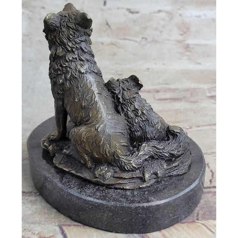 Wolf And Cubs Bronze Miniature Statue Sculpture Marble Base Desktop 4 Inches X 5 Inches