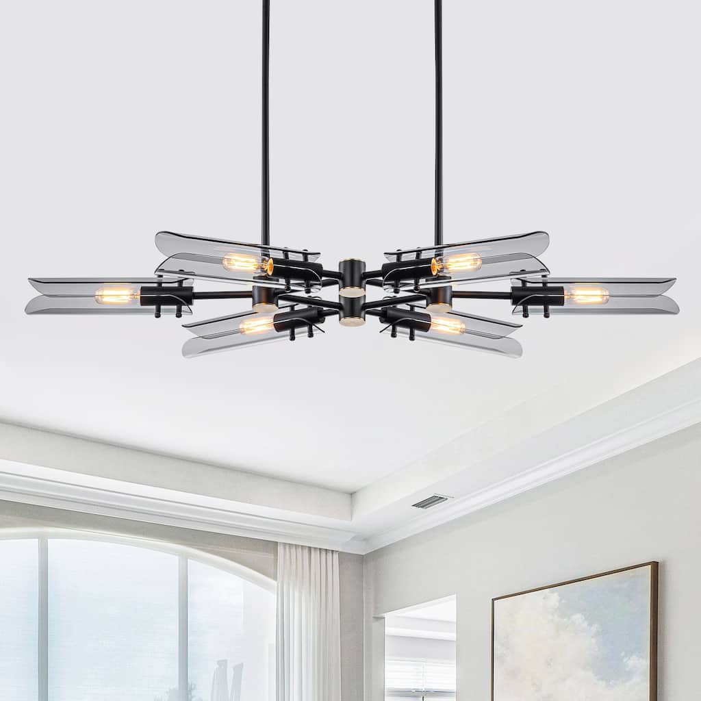 6-Light Modern Matte Black Metal Chandelier Smoke Glass Shades