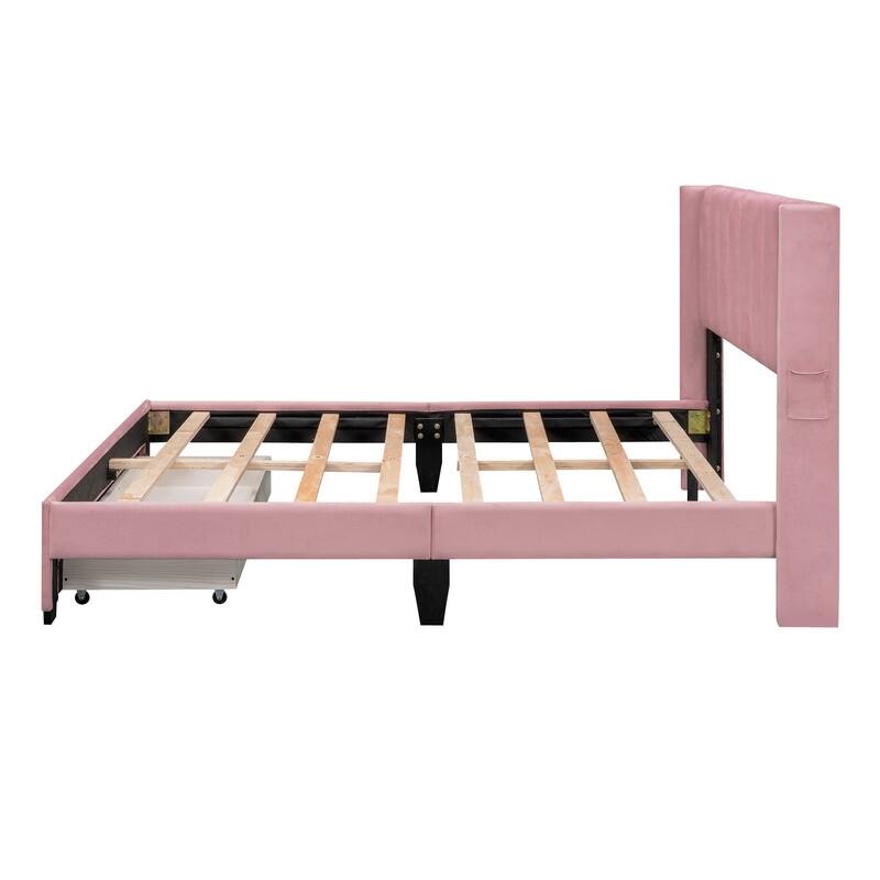 Queen Size Storage Bed Velvet Upholstered Platform Bed with a Big Drawer